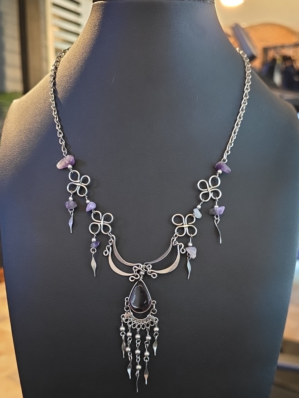 Bohemian Amethyst Accent Silver-Tone Dangle Necklace